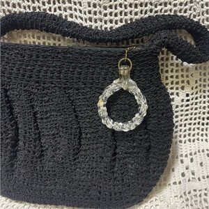 Elegant Vintage Black Crochet Handbag with Lucite Accent Zipper Pull